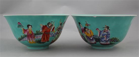 A pair of Chinese turquoise ground famille rose bowls, 20th century, 20cm.